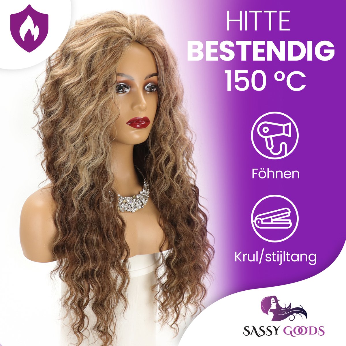 Luxe Krullen Pruik Dames - Pruiken - Haarstuk Met Net - Haarstukje - Hairextensions - Krul Haar - Haren Vrouwen - Bruin & Blond - Carnaval - 65 cm — afbeelding 5