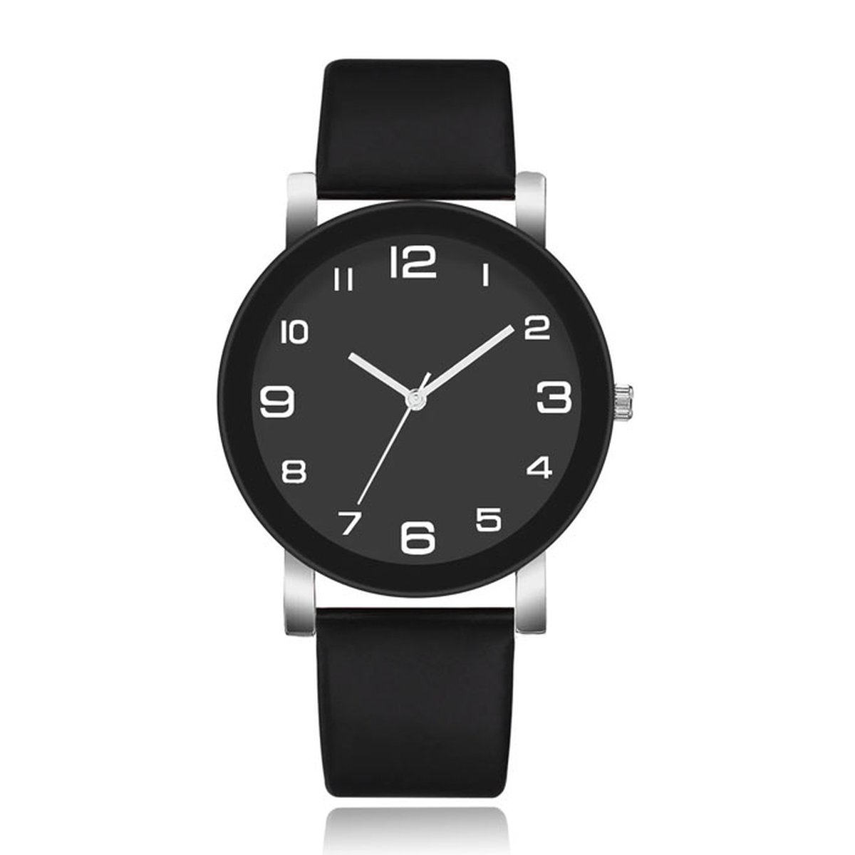 Minimalistisch Herenhorloge met Hoog Contrast en Zwarte Lederen Band
