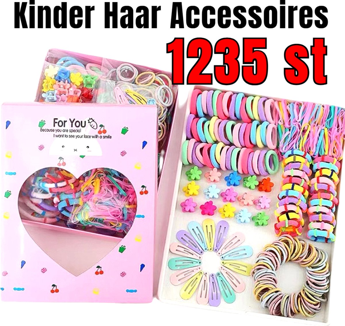Allernieuwste.nl® 1235 STUKS Haaraccessoires voor Kinderen Haarspeldjes Haarclips Haarelastiekjes Kinderelastieken KinderCadeau - MIX 1235 STUKS