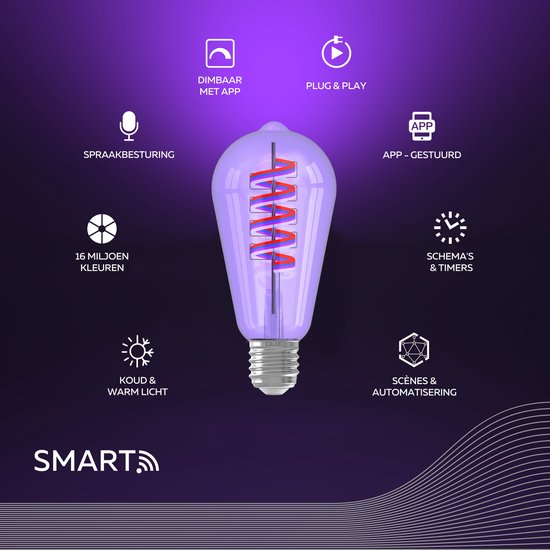 Paarse slimme lamp met spraakbesturing, 16 miljoen kleuren, dimbaar via app, plug & play, schema's & timers, scènes & automatisering, koud & warm licht.