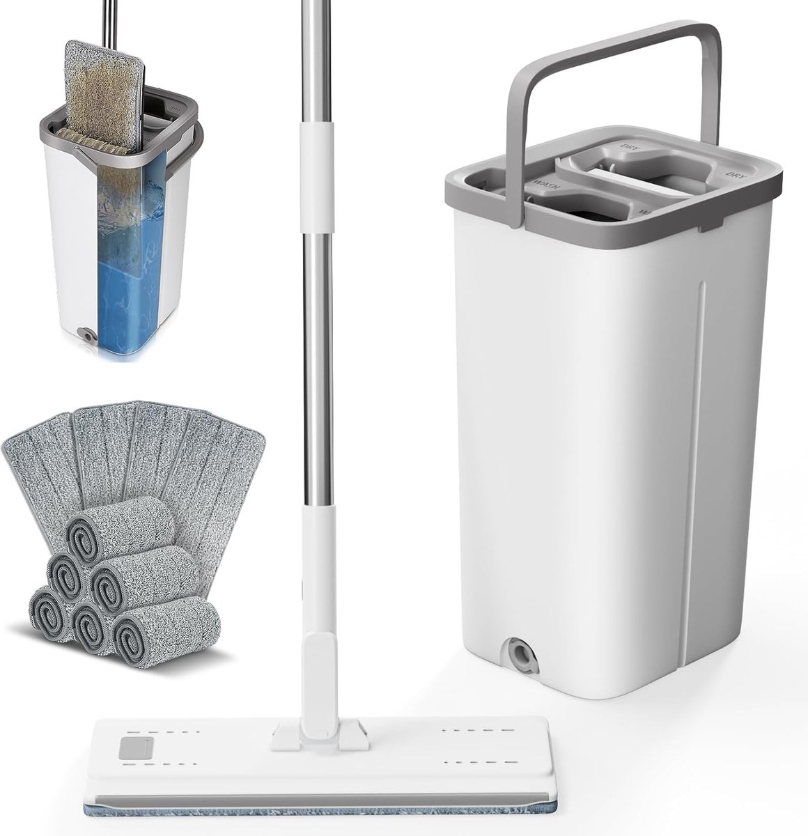 Goedkoopste Dweilmopset met emmer - Vloerwisserset met platte microvezel moppads - Roestvrijstalen handgreep - Twee kamers - Uitwringfunctie - Wit