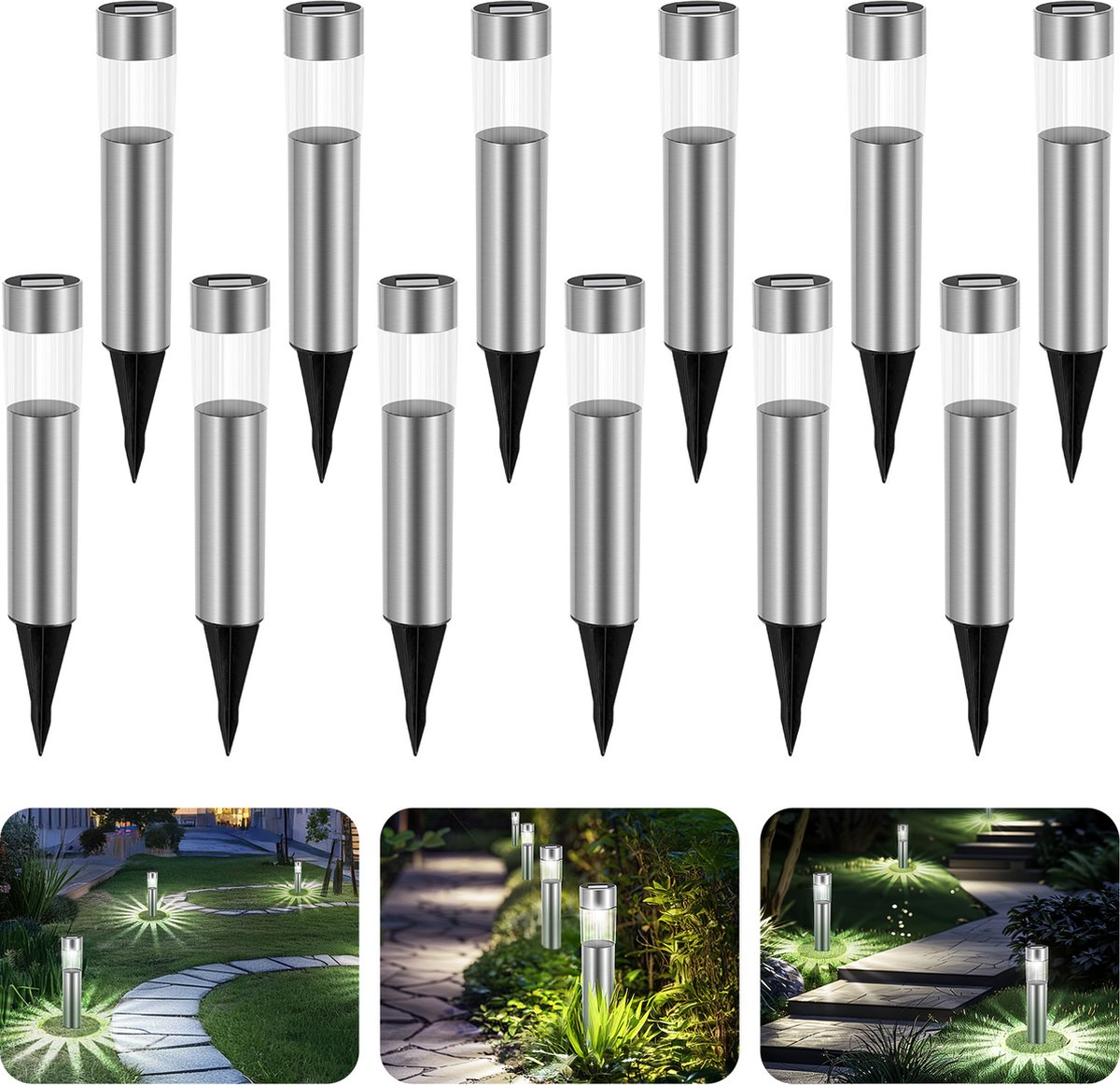 Aigostar 10Q4U - Solar Tuinverlichting op Zonneenergie - 12 Stuks - Tuinfakkels op Zonne Energie - 31.5 cm - IP44 - Buitenlamp - Padverlichting - RVS - 6500K