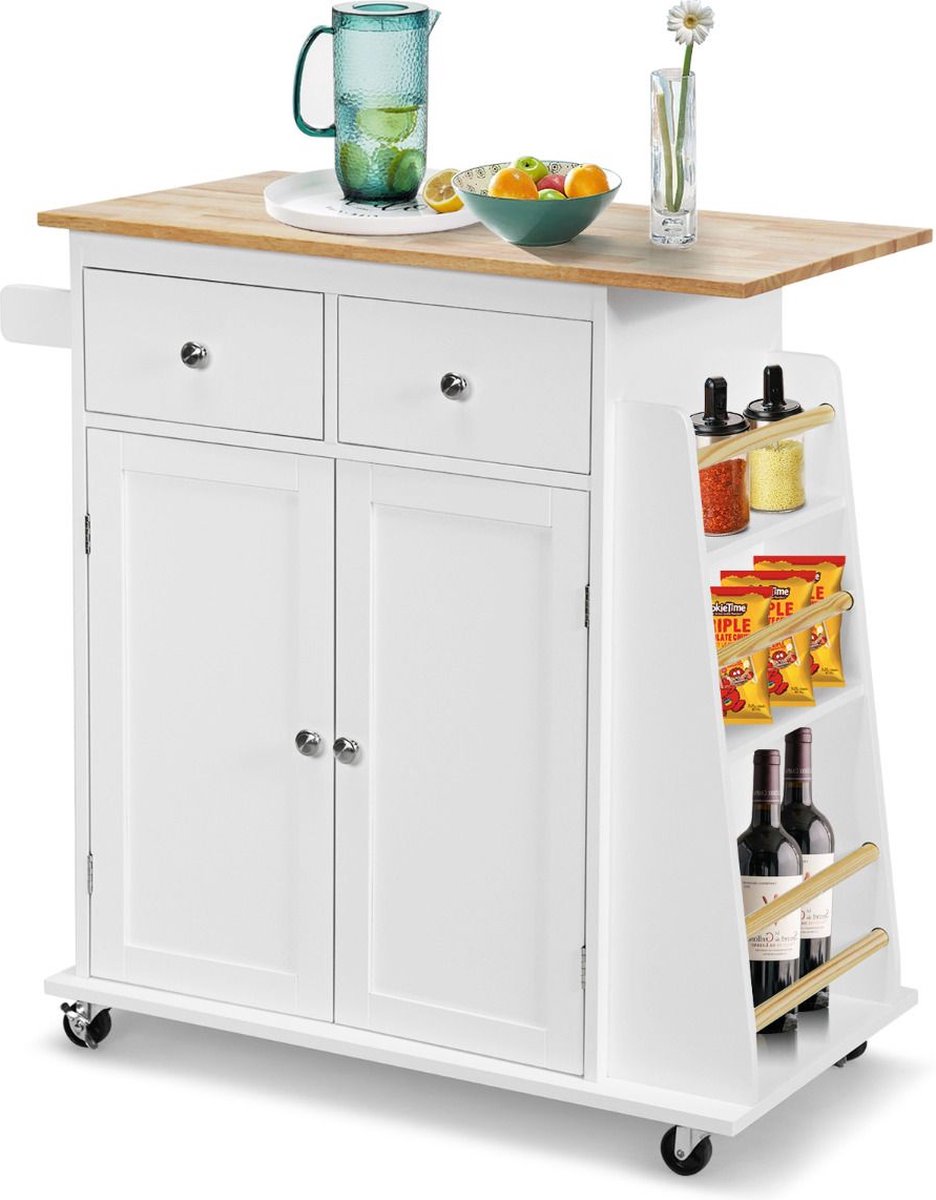 Bol.com Keukeneiland - Verplaatsbaar - Keukenkast - Dressoir - Organizer - Kasten - Houten Werkblad - Lade - Wit aanbieding