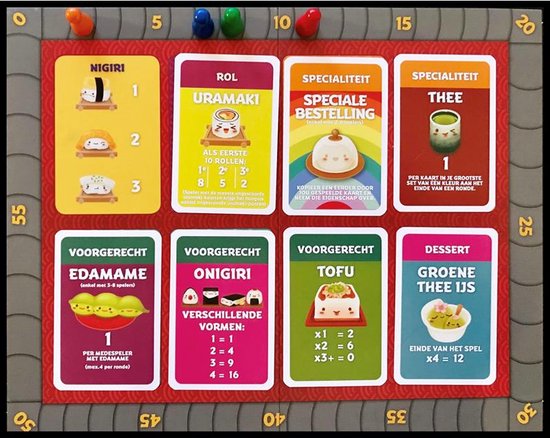 Speelbord van Sushi Go Party met kaarten voor Nigiri, Uramaki, Thee en Edamame.