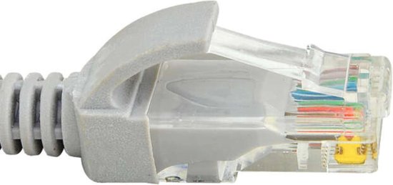 Close-up van een grijze ethernetkabelconnector met transparante behuizing en gekleurde draden.