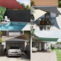 Collage van vier zonnezeilen: rood bij zwembad, beige/grijs bij tafel, beige bij garage, groen bij terras.