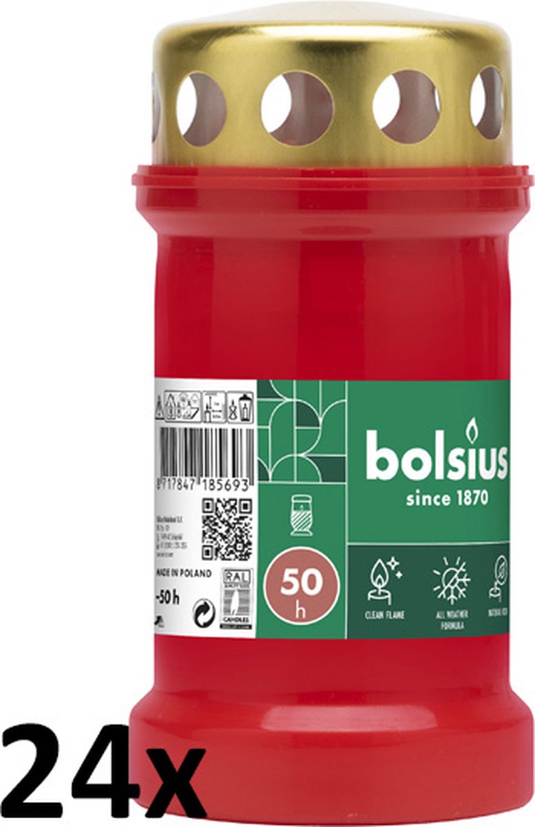 Bolsius 24 stuks Bolsius graflichten rood transparant met regen deksel nr. 3 133/67 (50 uur)
