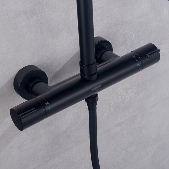 Ensemble mitigeur thermostatique de douche à effet de pluie, douchette à main multifonctionnelle et douche de tête - noir mat