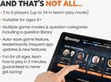 Tablet met Outsmarted spel. Hand selecteert spelers: Sophie, Angie, Paul, Maggie. Tekst: 2-6 spelers, 8+, multiplayermodi, auto-save, leuk voor alle leeftijden.