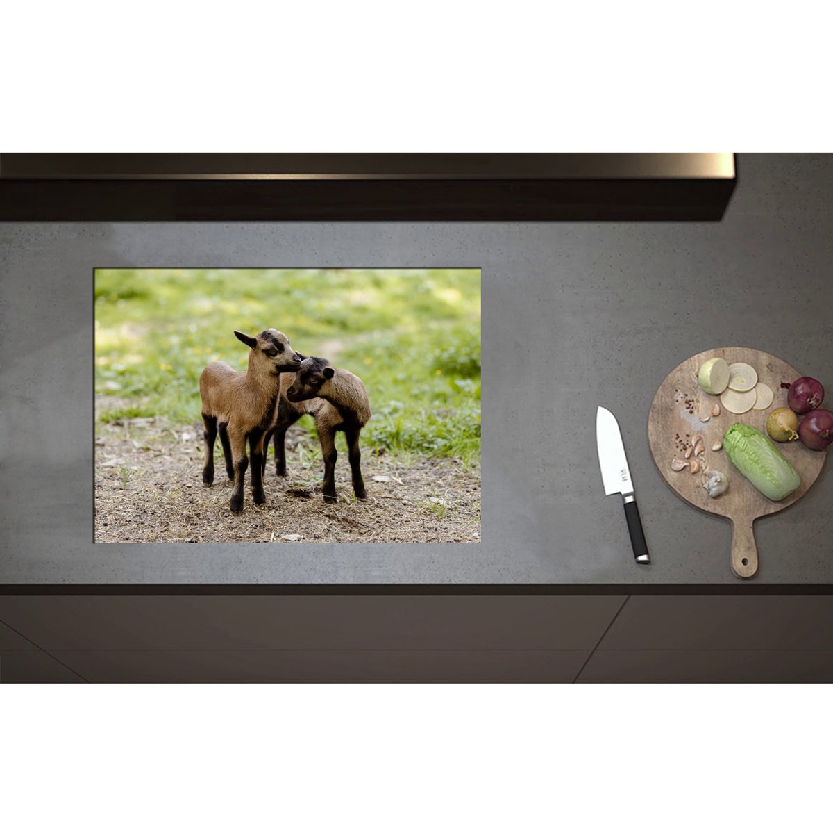Inductieplaat Beschermer - Bruin met Zwarte Kussende Lammetjes - 70x50 cm - 2 mm Dik - Inductie Beschermer - Bescherming Inductiekookplaat - Kookplaat Beschermer van Zwart Vinyl