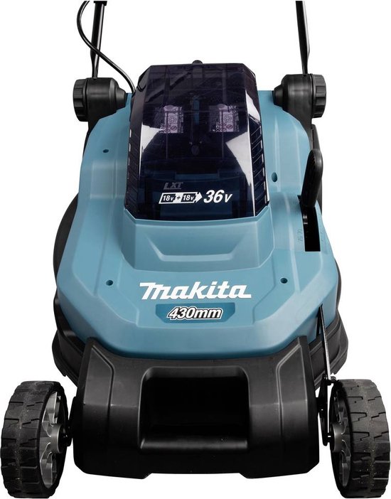 Vooraanzicht van een turquoise Makita grasmaaier met een transparante kap waar '36V' op staat.