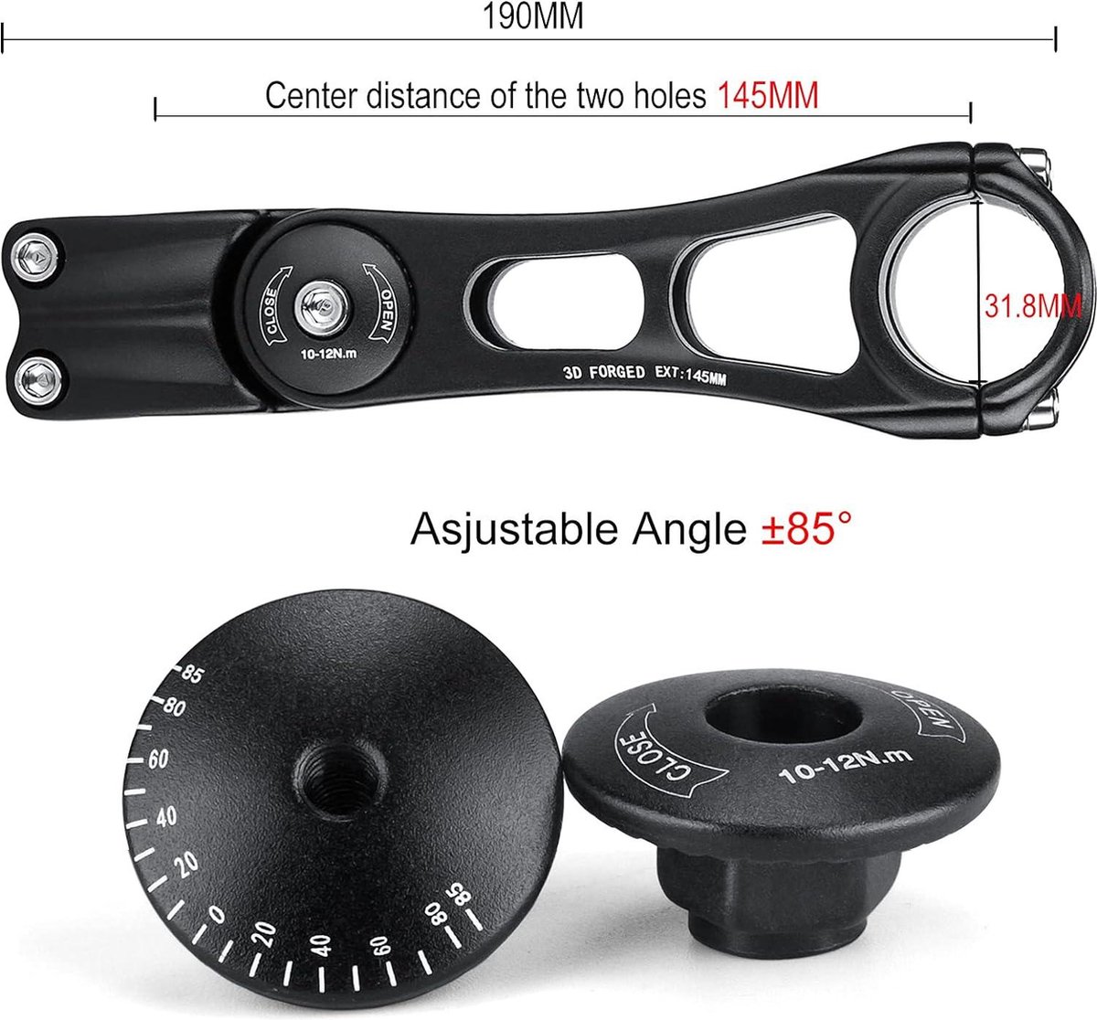 Verstelbare MTB Stuurpen 25.4mm 31.8mm, ±60 Graden Aluminium Fiets Stuurpen Riser, Korte Stuurpennen voor Mountainbikes, Racefiets, BMX, Fietsen (31,8 x 90 mm