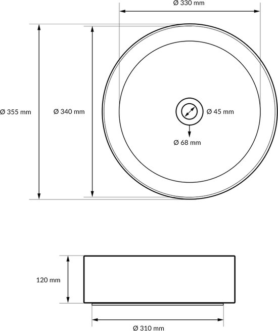 Technische tekening van een ronde witte wastafel met afmetingen in mm.