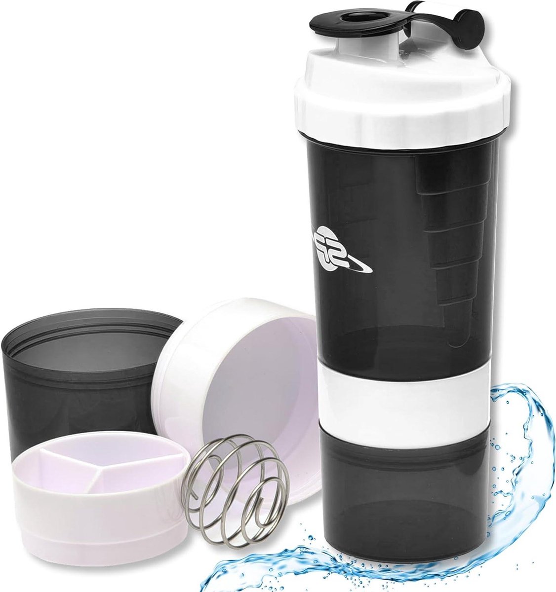 Goedkoopste Protein Shaker 500 ml met poedervak en tablettenorganizer - lekvrije BPA-vrije eiwitshaker voor fitness - Smart-Planet