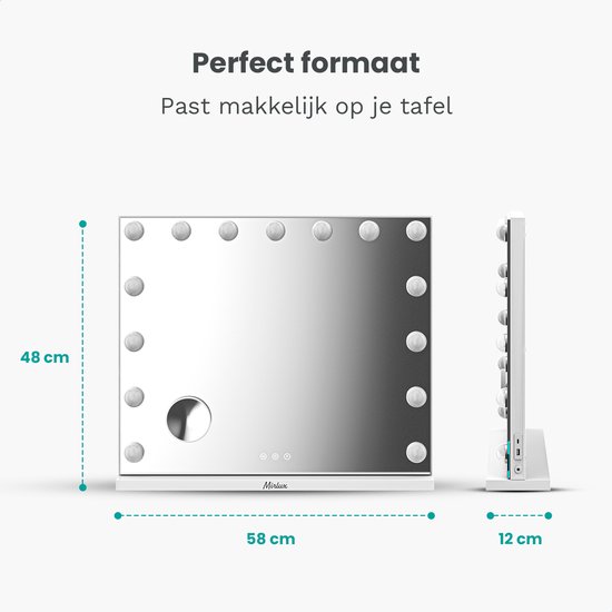 Hollywood spiegel 58x48 cm met 15 LED lampjes en dimmer, 12 cm diep, met witte basis.