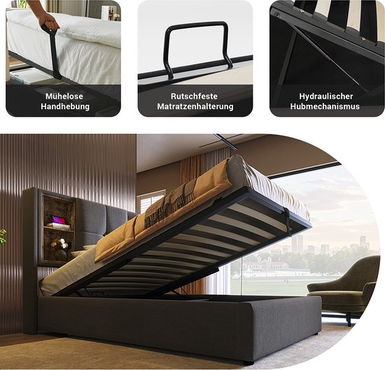 KOMHTOM Lit Rembourré avec Chargement sans Fil USB C, Lit Coffre avec Rangement sous Le lit, Tête de lit avec Compartiment de Rangement, Sommier à Lattes(sans Matelas) (Beige, 140x200cm