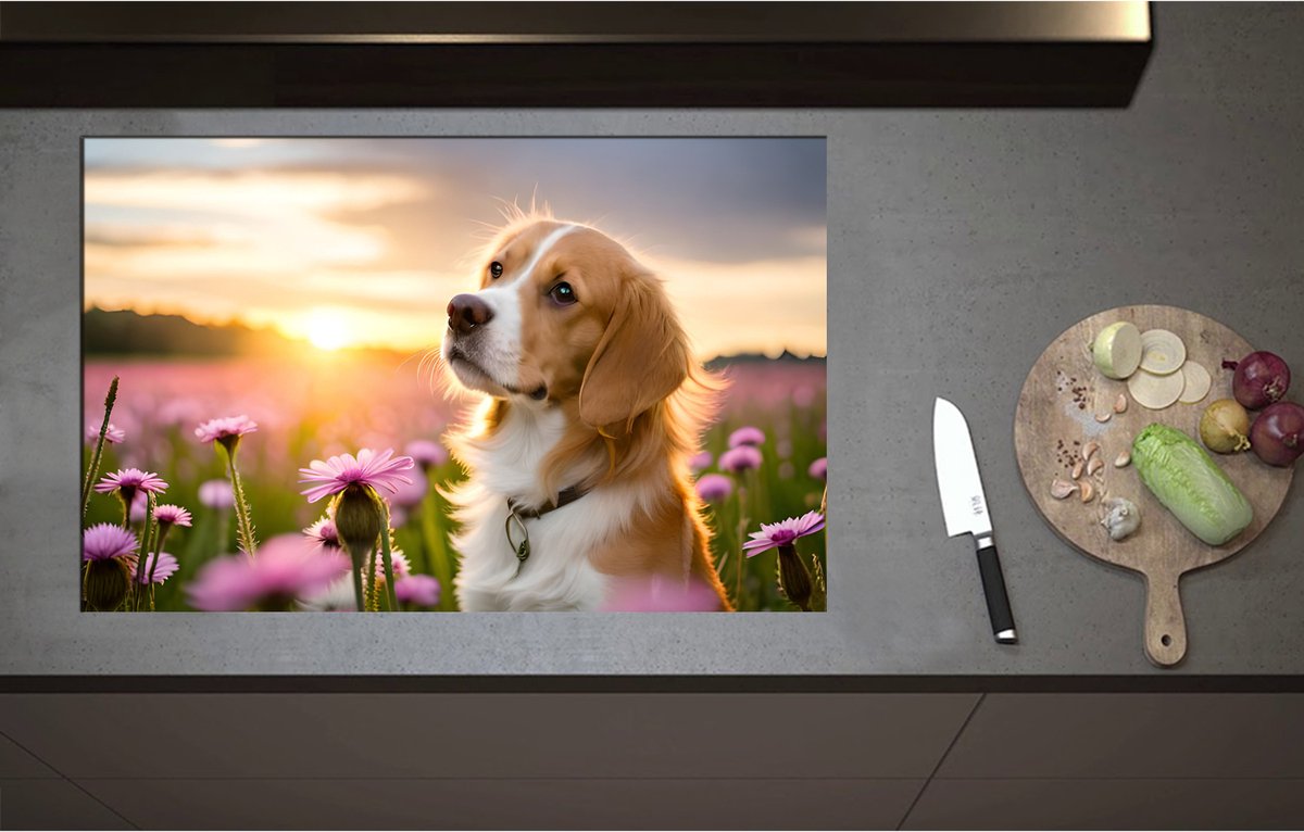 Inductieplaat Beschermer - Bruin met Witte Hond in Veld Vol Roze Bloemen met Zonsondergang - 85x55 cm - 2 mm Dik - Inductie Beschermer - Bescherming Inductiekookplaat - Kookplaat Beschermer van Zwart Vinyl