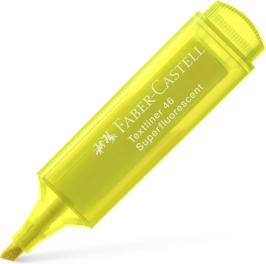 Gele Faber-Castell Textliner 46 Superfluorescent marker, schuin gehouden.