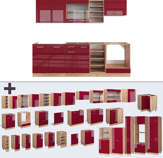 Meuble de cuisine complet Vicco R- Line, Bordeaux brillant/chêne doré/chêne puissant doré, 240 cm sans plan de travail