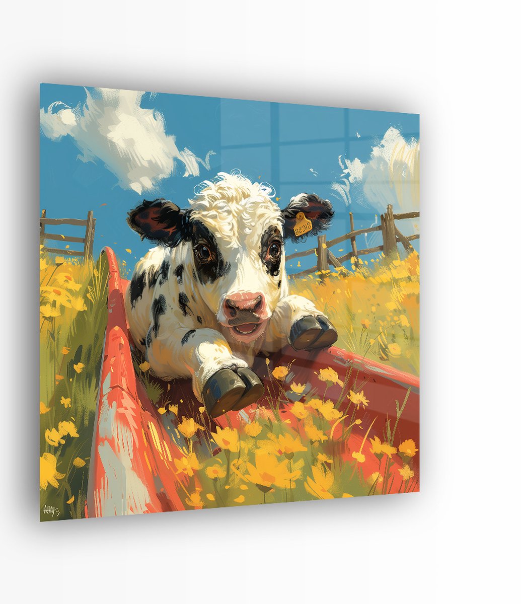 Indoorart - Glasschilderij Digiart Cowslide 100x100 CM - Afbeelding op plexiglas - Inclusief montagemateriaal