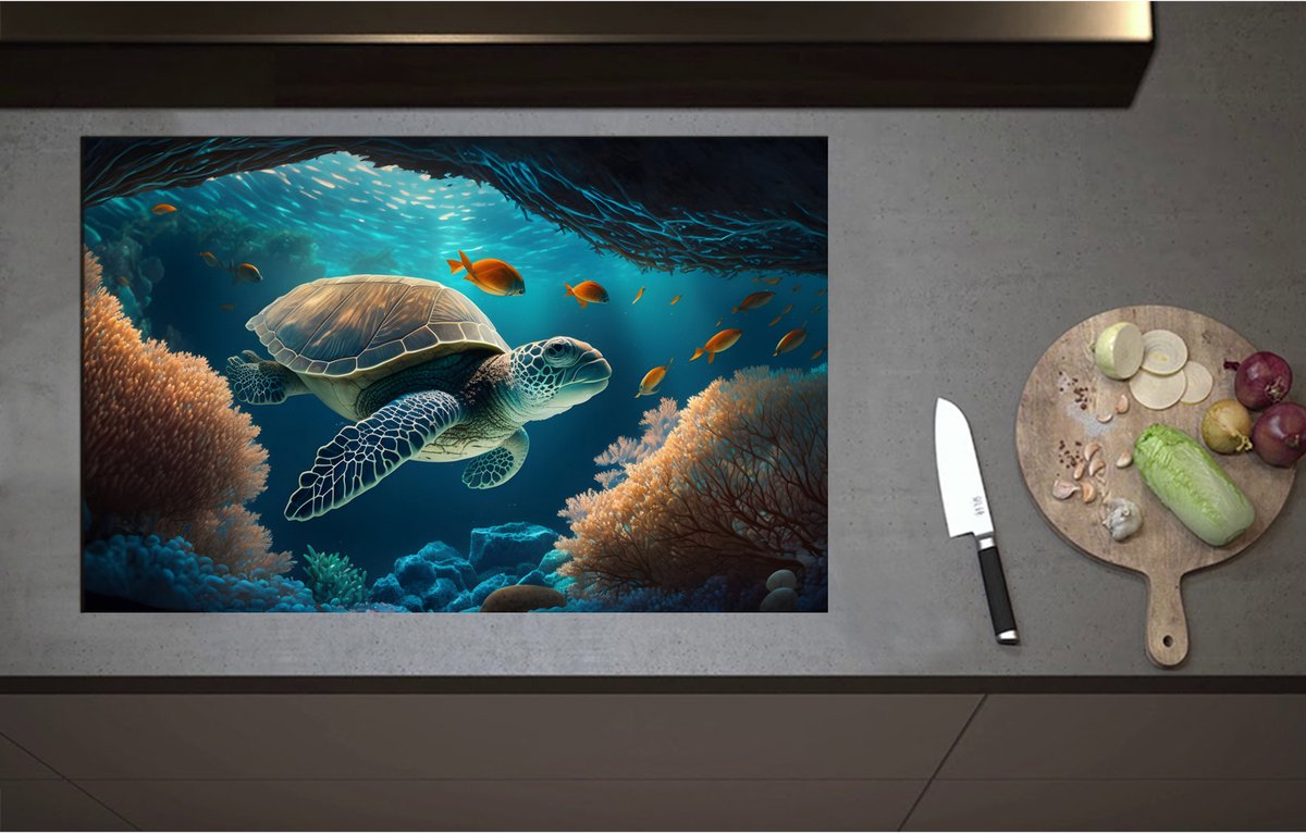Inductieplaat Beschermer - Cartoon van Zeeschildpad Zwemmend in Grotten op Zeebodem - 85x55 cm - 2 mm Dik - Inductie Beschermer - Bescherming Inductiekookplaat - Kookplaat Beschermer van Wit Vinyl