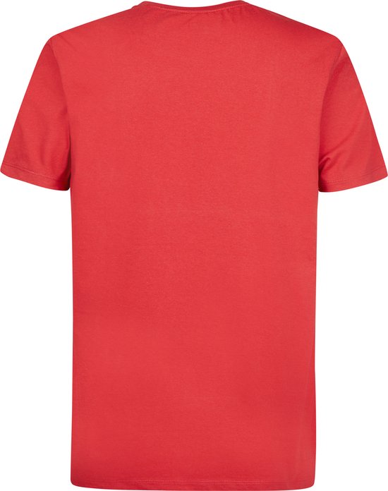 Rood t-shirt met korte mouwen en een ronde hals, achterkant.