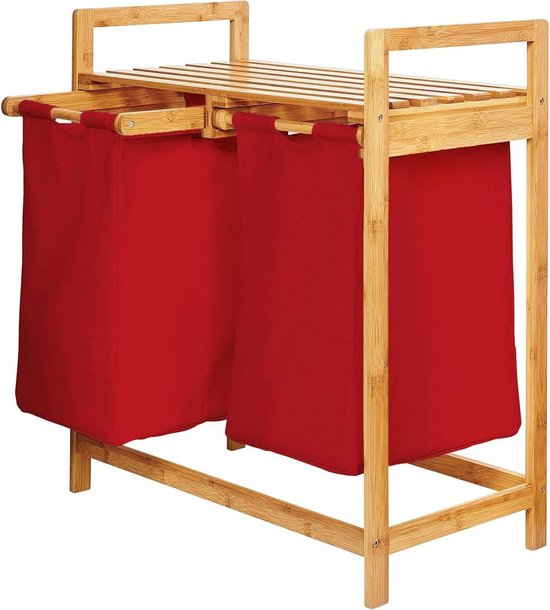 Panier à Linge 2 Compartiments Avec Sacs Coulissants - 92 L, Cadre Métal, Plateau Bois, Pour Buanderie Ou Salle De Bain