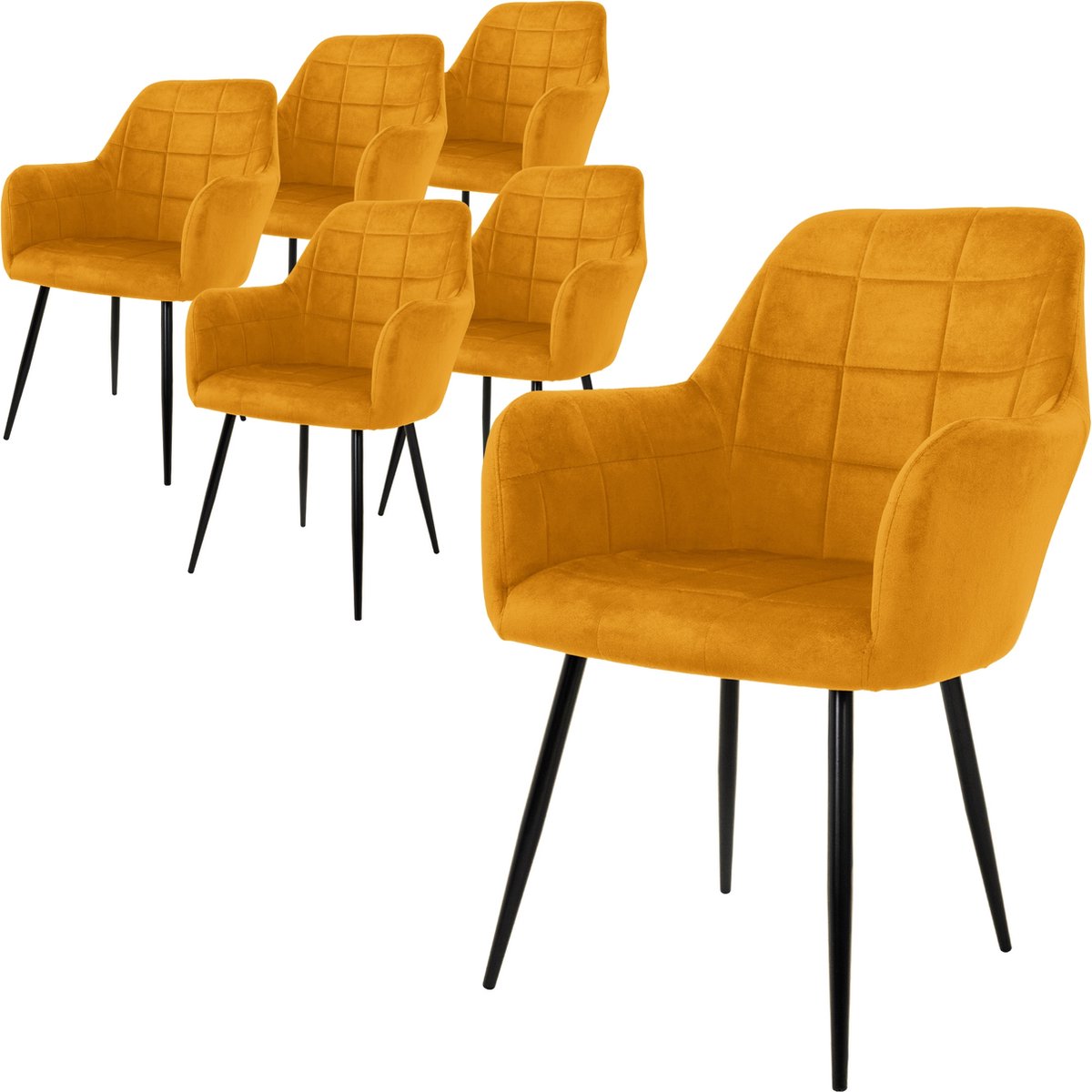 ml-design ECD Germany Set van 6 eetkamerstoelen met rugleuning en armleuningen, oker, keukenstoelen met fluwelen bekleding en metalen poten, ergonomische stoelen voor eettafel, woonkamerstoelen eetkamerstoel Geel