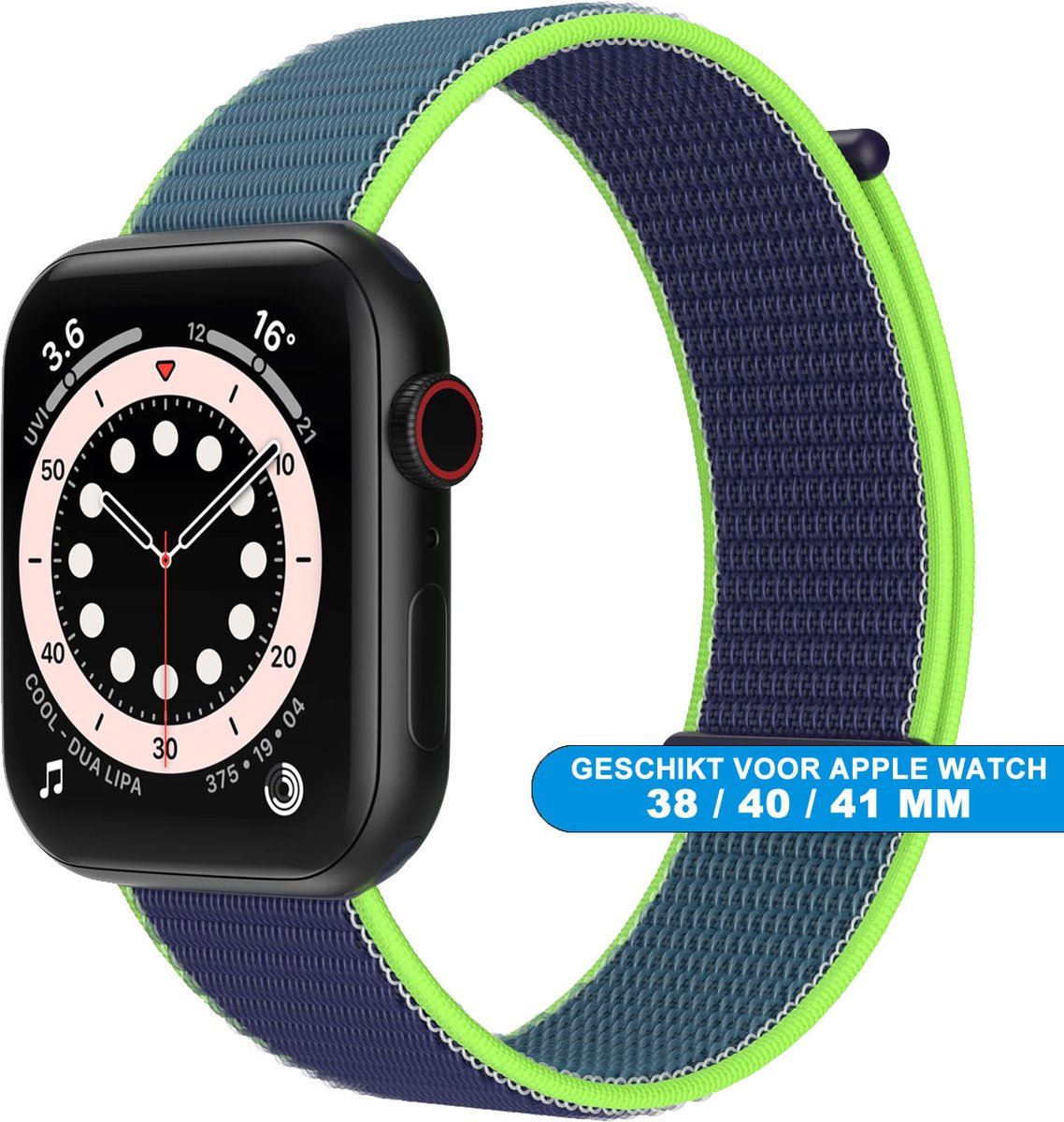 Bandje geschikt voor de Apple Watch 38/40/41 mm - Series SE , 1 , 2, 3, 4, 5, 6, 7 en 8 - Klittenband sluiting - Blauw Lime