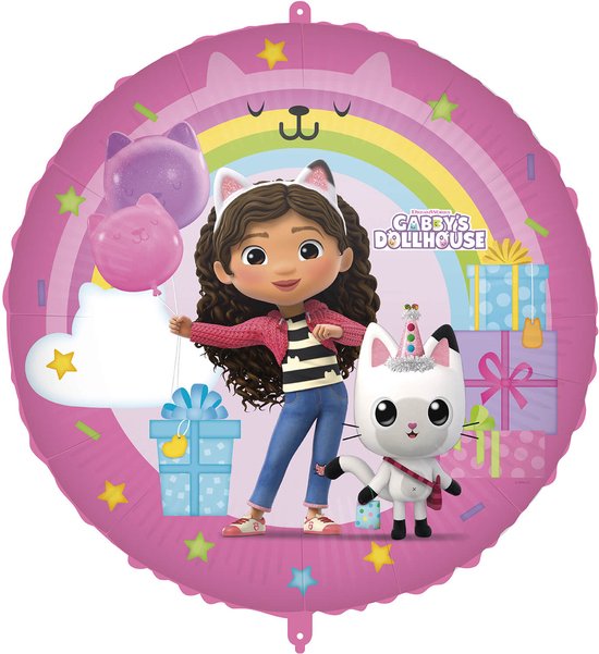 Een roze ronde folieballon met Gabby en Pandy Poek van Gabby's Poppenhuis, met cadeautjes, ballonnen en een regenboog.