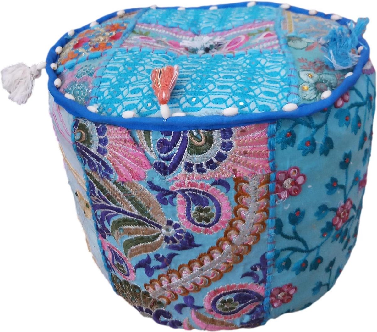Indiase Boheemse Stijl Ottomaanse Poef Interieur Decor Voetbank Vloerkussen Geborduurde Patchwork Poef - Turquoise Lichtblauw