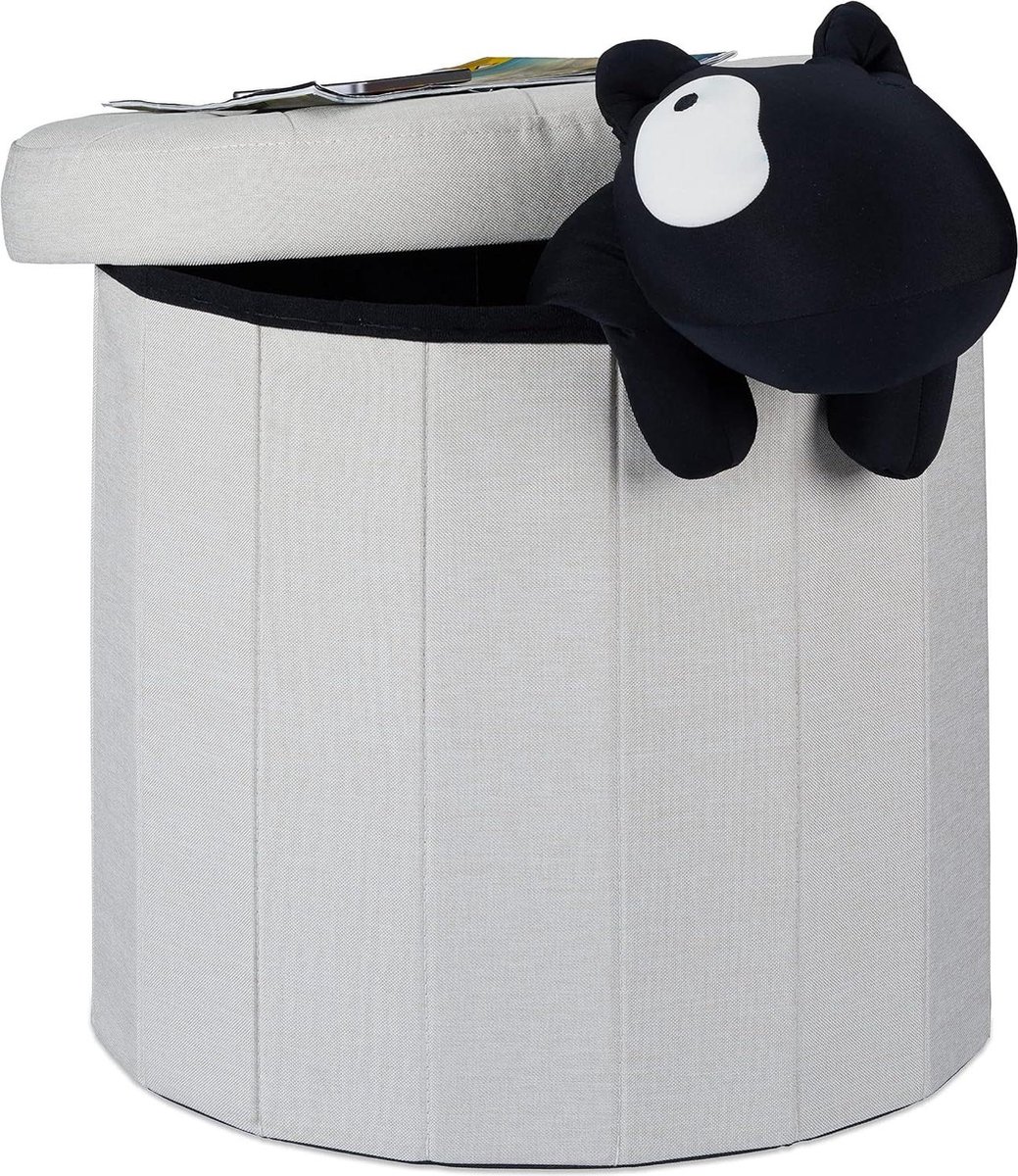 Zitkruk opvouwbaar met opslagruimte - Grootte L - HxBxD 43 x 45 x 45 cm - Ronde voetenbank opbergpoef - Crème