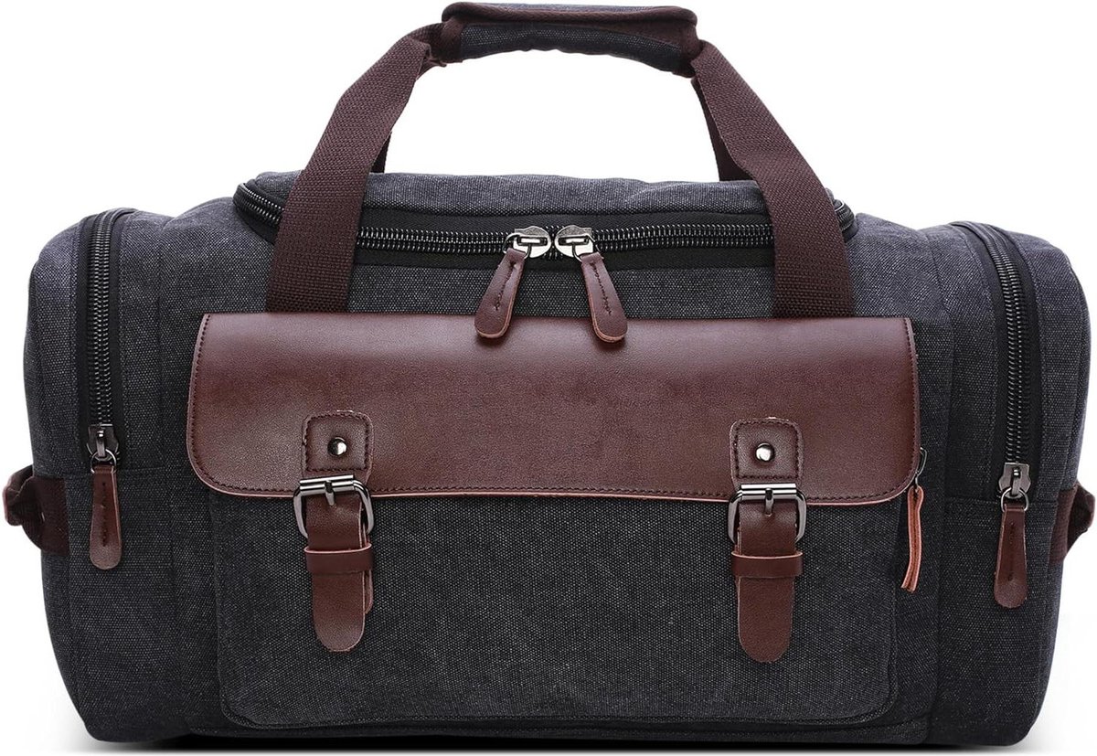 Vintage Mannen Reizen Duffle Bag - Weekend Schoudertas met Meerdere Handvat - Holdall Tas voor Vakantie Gym Camping - Casual Sport Canvas Mannen Overnachting Satchel Totes Bag Zwart
