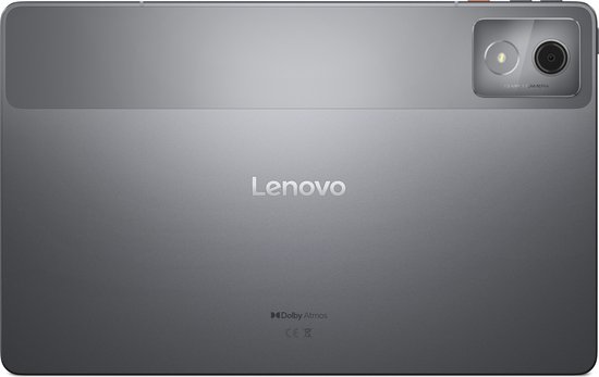 Achterkant van een grijze Lenovo tablet met camera, Dolby Atmos en CE-logo.
