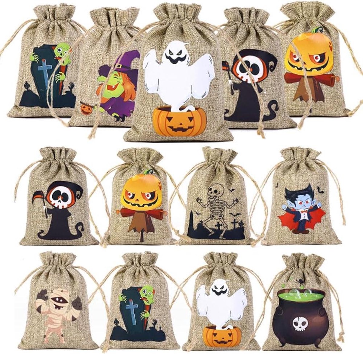 Linnen tas met Halloween thema - jute zakje met trekkoord voor snoep, kleine geschenken, sieraden, kunsthandwerk - monsters, gebruik bij vullen