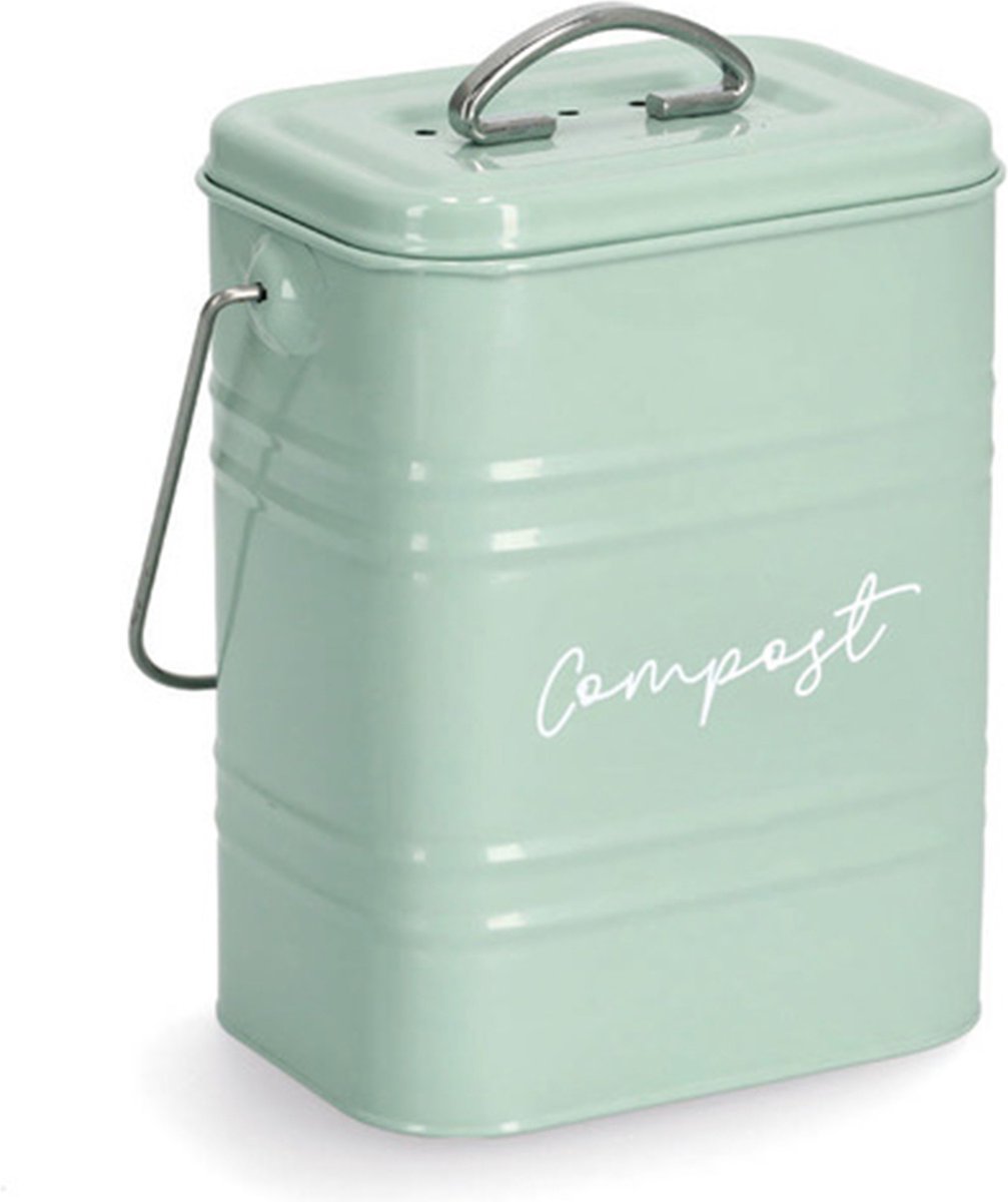 Zeller Mini prullenbakje GFT - met deksel - mintgroen - metaal - 1,5 Liter