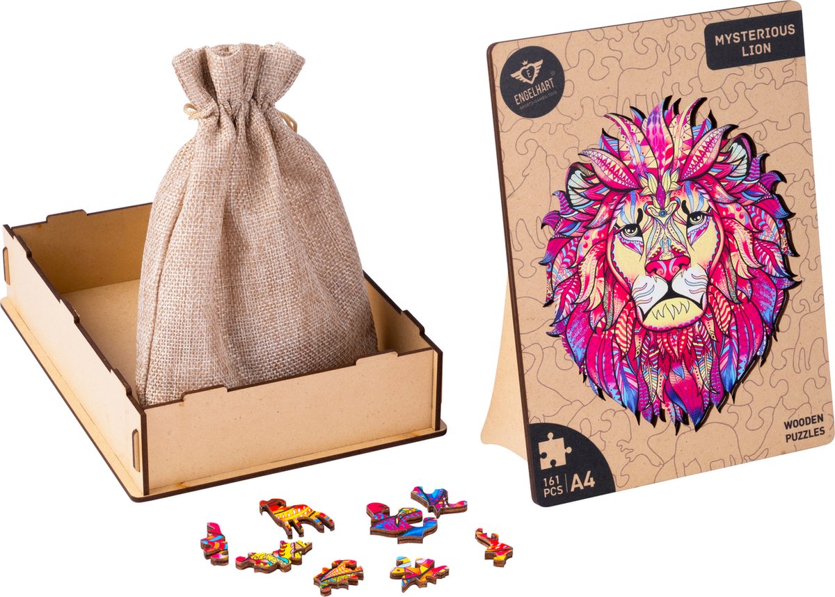 Houten Puzzel Leeuw – 161 Unieke Puzzelstukjes – A4 Formaat Houten Legpuzzel – Dieren Puzzelspel – Uitdagend Denkspel – Inclusief Opbergetui – Engelhart — afbeelding 2