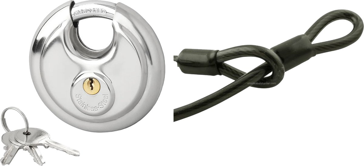Staalkabel met 90mm discusslot - 3m kabel - geplastificeerd - extra dik 20mm - kabelslot motor