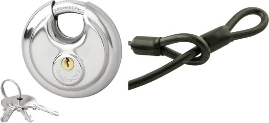 Foto: Staalkabel met 90mm discusslot 3m kabel geplastificeerd extra dik 20mm kabelslot motor