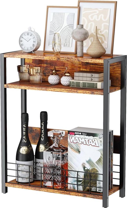 Kleine Bijzettafel Voor Kleine Ruimtes, Smalle Tafel Met Tijdschrifthouder, Nachtkastje Klein Nachtkastje In De Slaapkamer, Metaal (Grijs Zwart, 60cm
