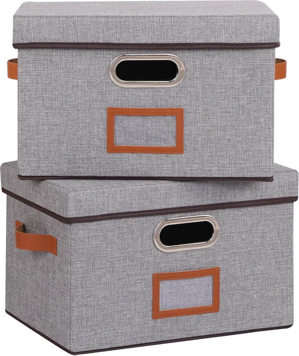 Opvouwbare stoffen opbergmanden met deksel en handvat - Grijs - 38 x 25 x 25 cm - Set van 2