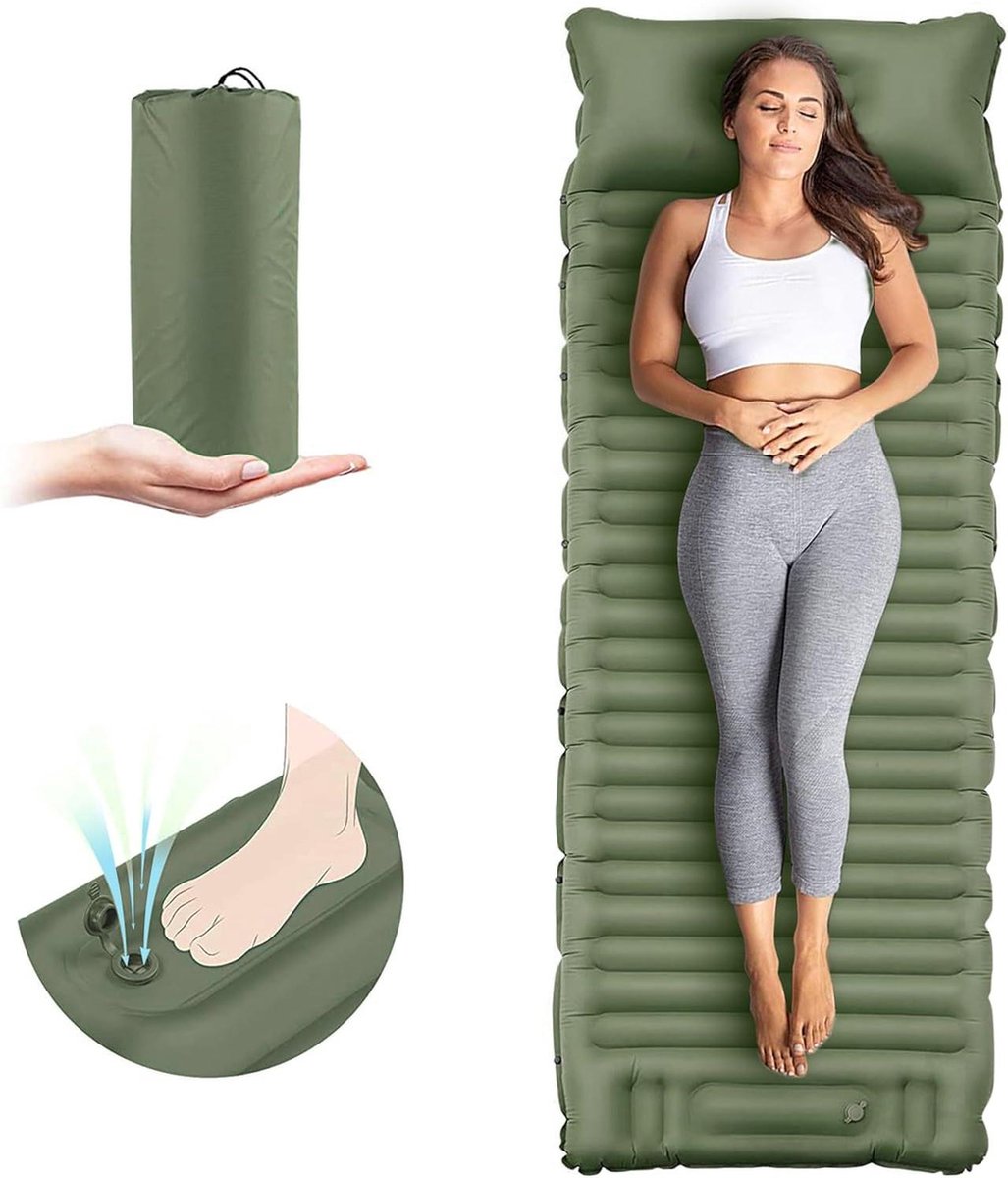 10 cm dikke zelfopblazende slaapmat voor camping - ultralicht luchtmatras voor tent - waterdicht - met voetperspomp - zeer ondersteunend - groen