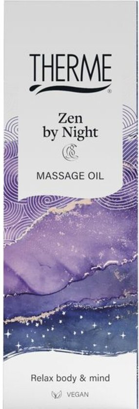Doosje Therme Zen by Night massageolie met paarse, marmerachtige print en sterrenhemel.