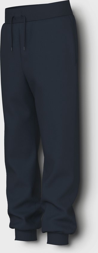 Donkerblauwe joggingbroek met trekkoord en elastische tailleband en boorden, gezien vanaf de zijkant.