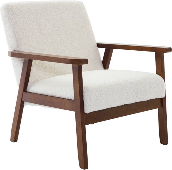 sweeek - Scandinavische fauteuil in licht walnoot gebeitst heveahout en boucléstof, isak, b 61 x d 65 x h 73cm