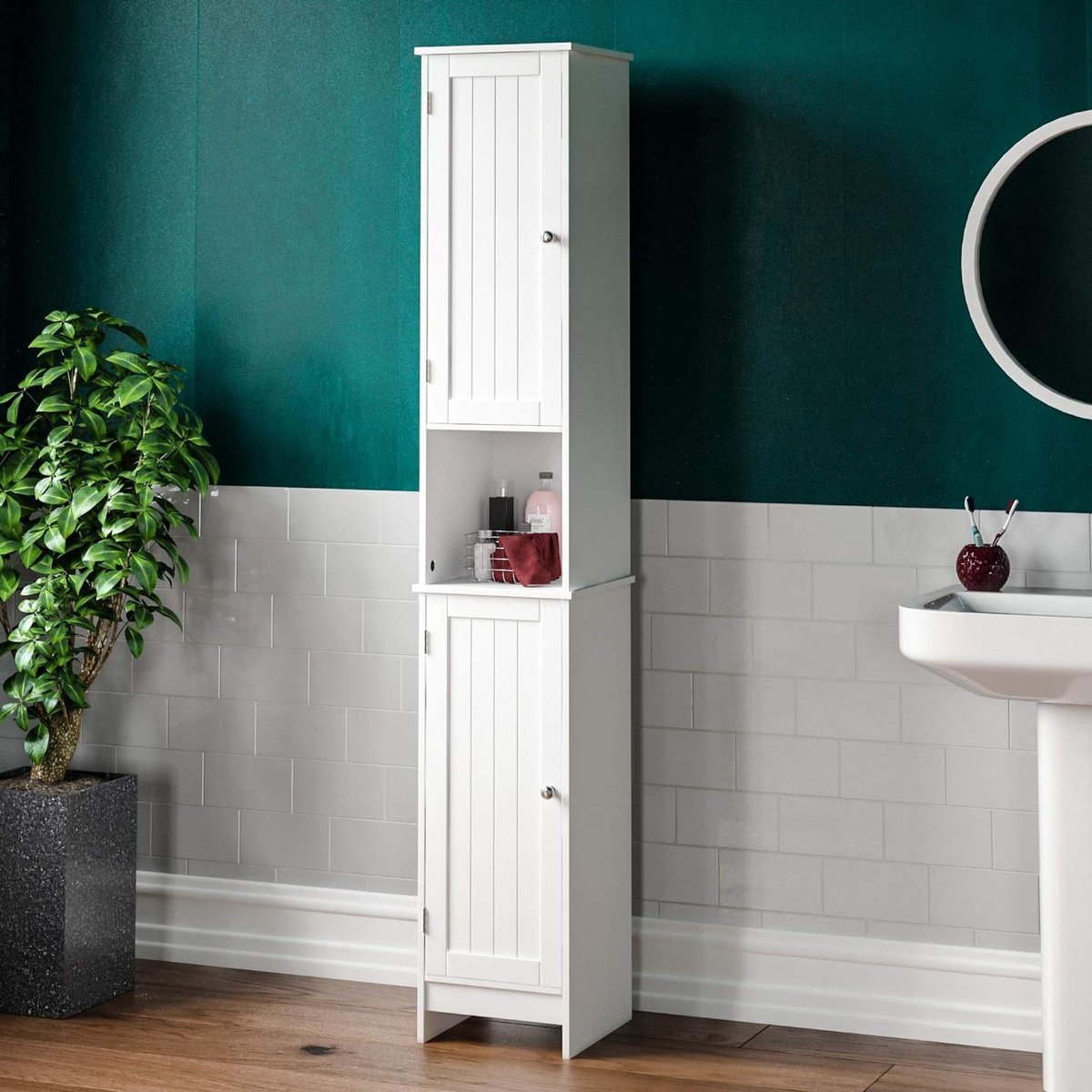 Badkamerkasten hoog Home Discount Priano badkamerkast hout wit met planken en lades- Badka