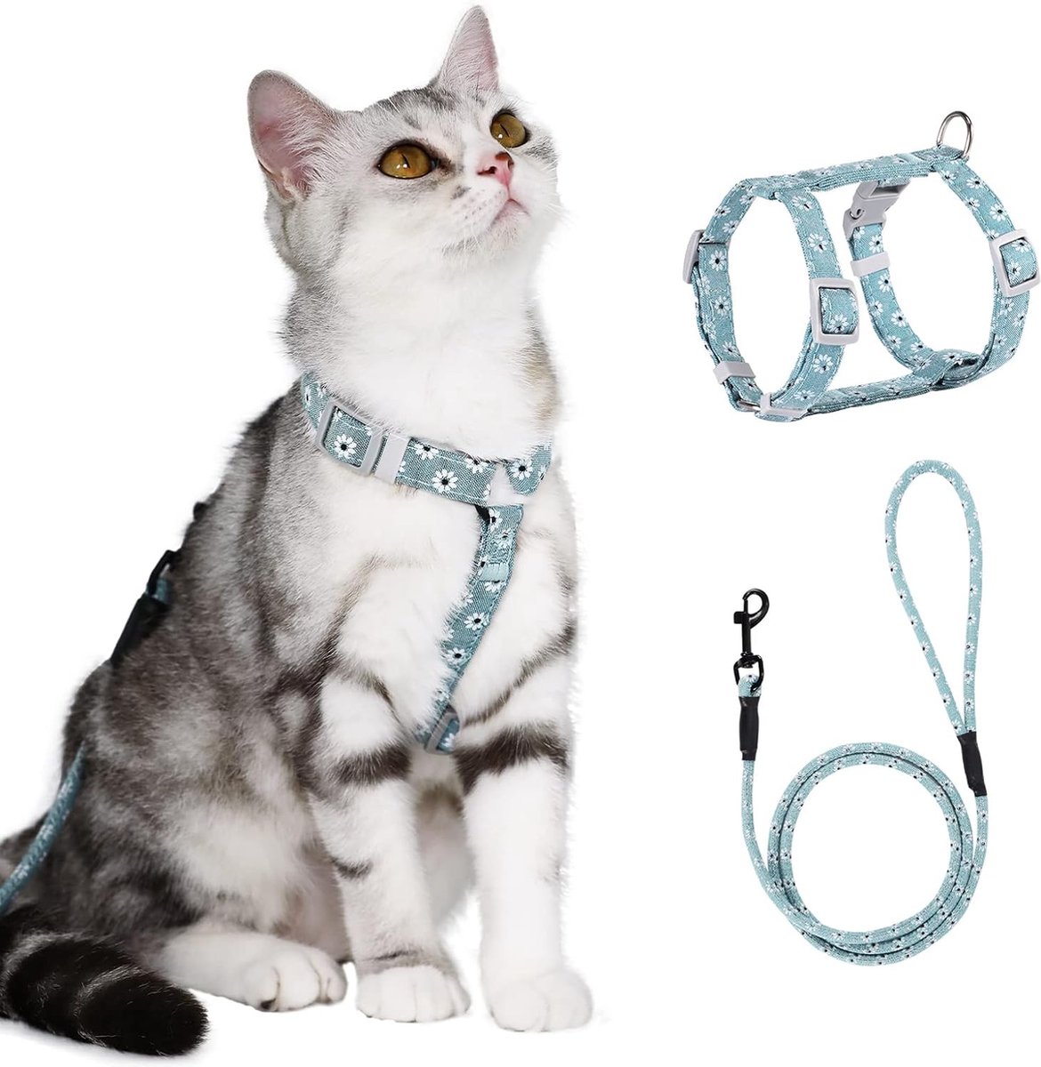Verstelbaar Kattenharnas met Touwlijn voor Veilige Kattenwandelingen (M Blauw)