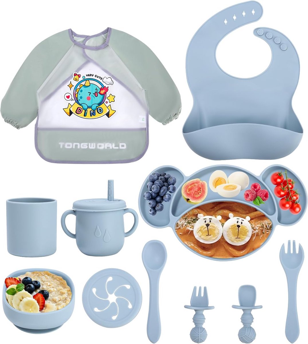 Goedkoopste Siliconen babyserviesset, babyborden, 11-delige set, kinderbord met zuignap, waterdichte babyslabbetjes, siliconen borden, antislip, BPA-vrij, blauw