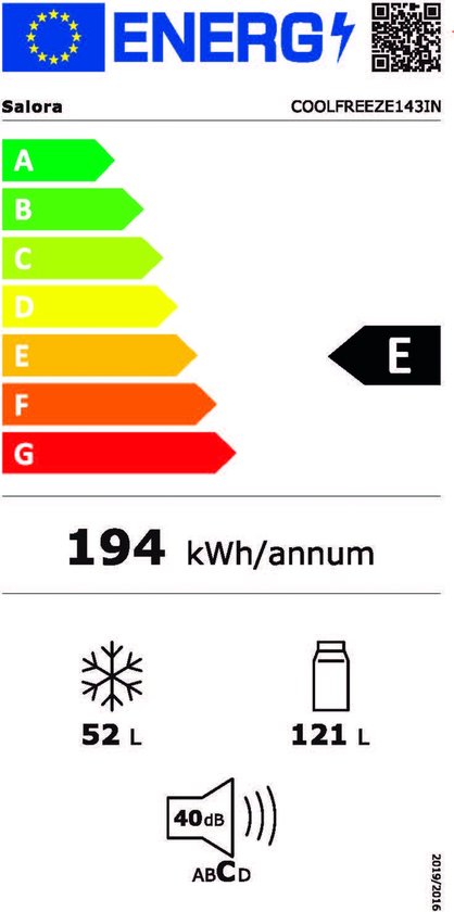Salora COOLFREEZE143IN, 173 L, N-ST, 40 dB, 2,6 kg/24h, E, Acier inoxydable