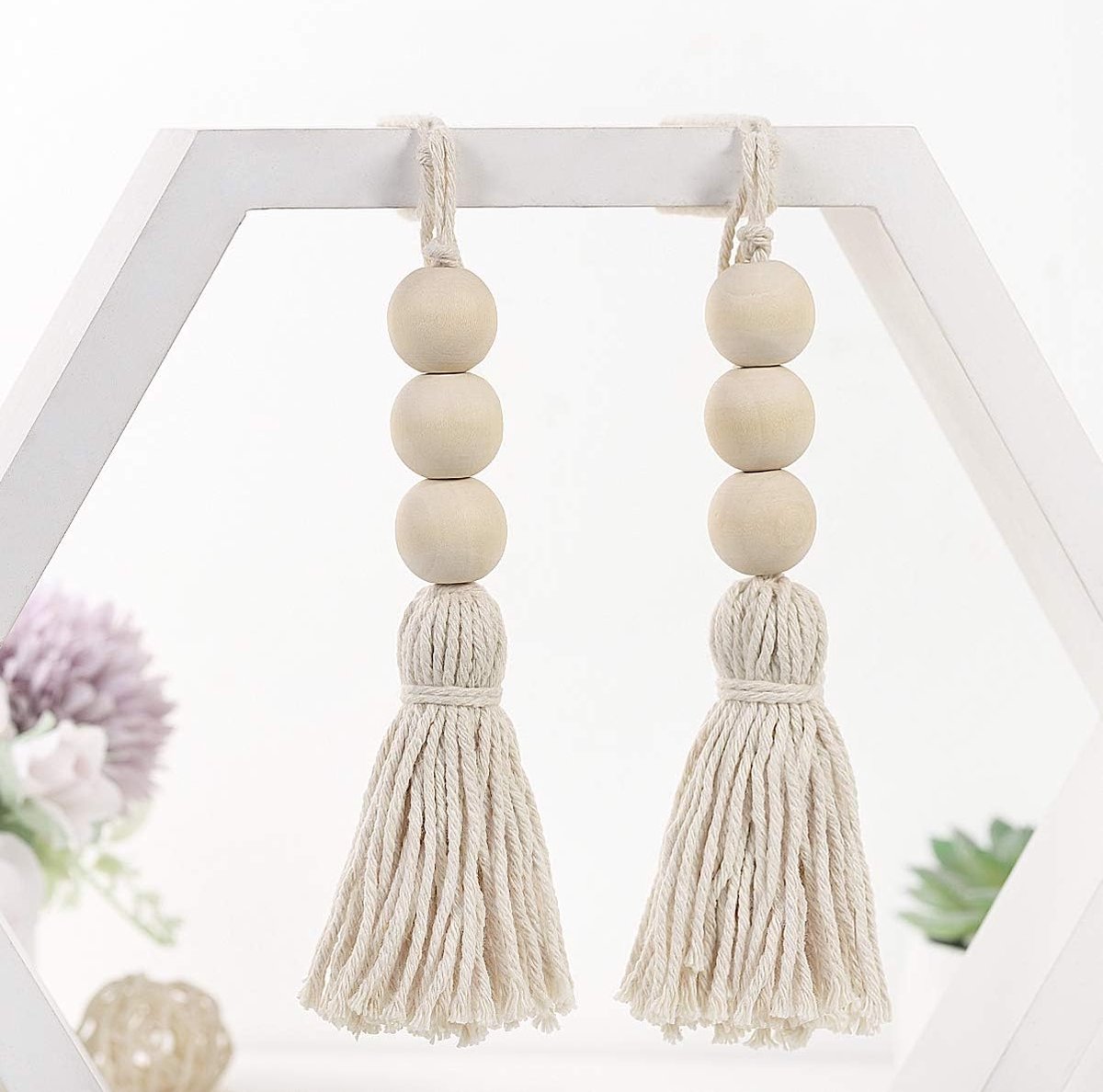 Lot De 4 Guirlandes De Perles En Bois Et Coton – Décoration Poignée De Placard, Porte-clés Ou Suspension